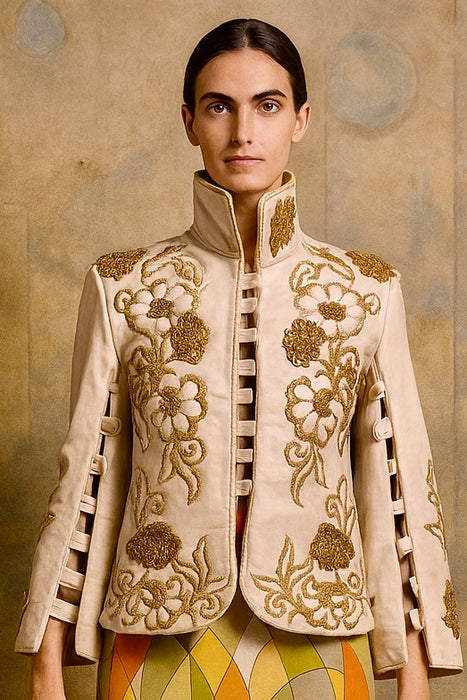 Jean-Louis Sherrer, 80s couture lather nappa cream leather jacket with gold thread quilted embroidery