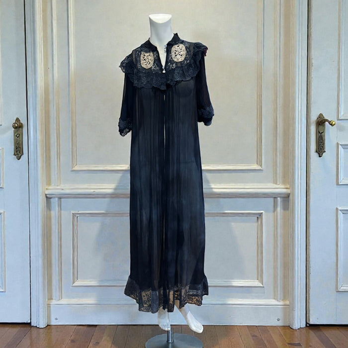 Gina, 30s black chiffon and lace robe with cream lace bows