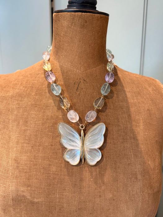 Jasmir, reworked pearlised vintage butterfly necklace with pastel crystals
