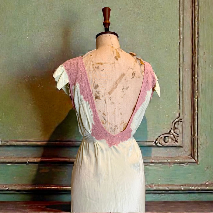 Apoline, 30s bias cut mint green and pink lace silk slip dress