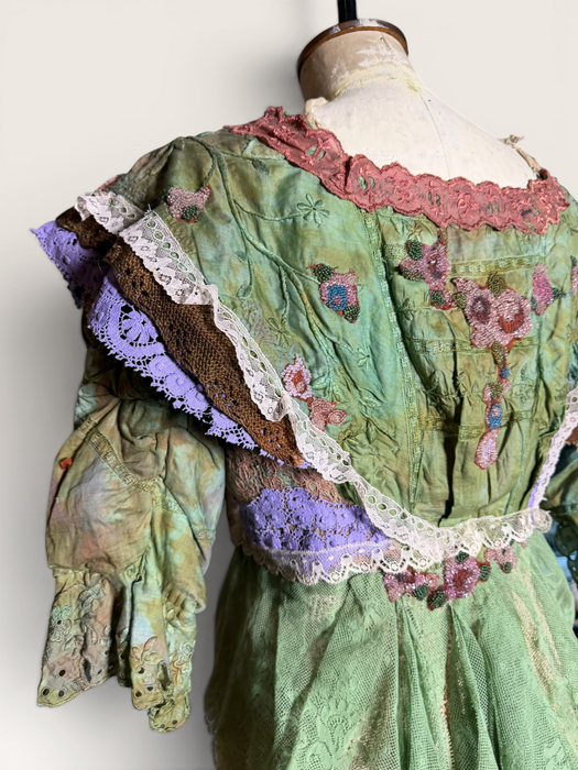 Monique, reworked Victorian hand dyed cotton and beaded lace jacket with art deco clasp