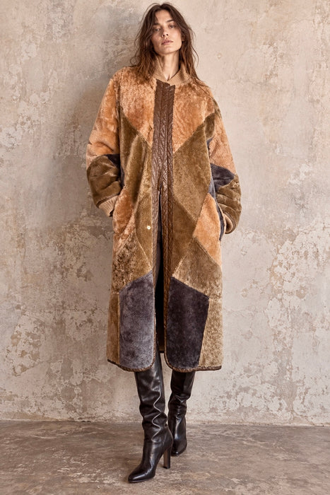 Tilly, 1980s reversible sheepskin and suede patchwork coat