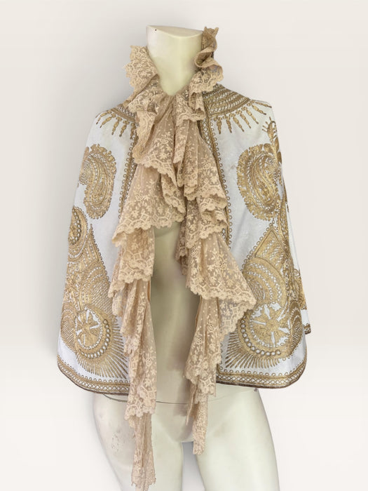Shay, Ottoman cream and gold embroidered cape with cream lace ruffle collar