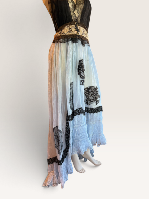 Portia, hand dyed Victorian pale blue cotton and black Chantilly lace dress