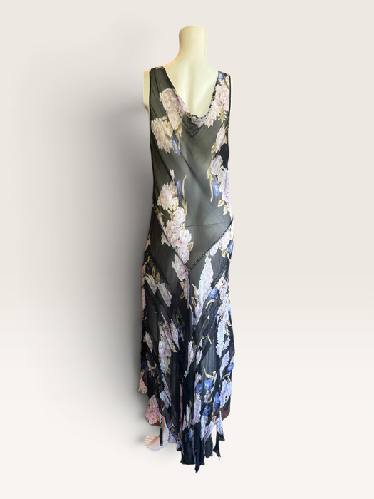 Taylor, 90s beaded bias cut floral print asymmetric dress