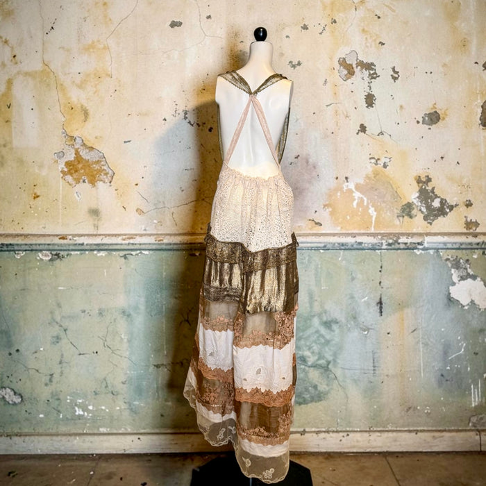 Miter, reworked 1920s French gold lamé and lace dress with Edwardian embroidery