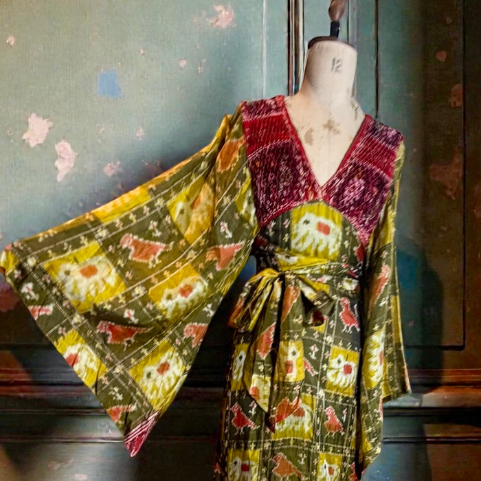 Thea Porter, Couture 70s silk print angel sleeve tiered dress