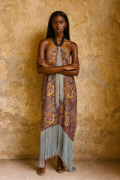 Norme, 20s floral fringed lamé dress