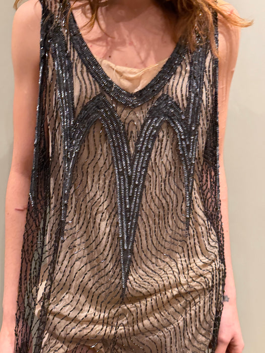 Kray, 20s black beaded scalloped tabard dress