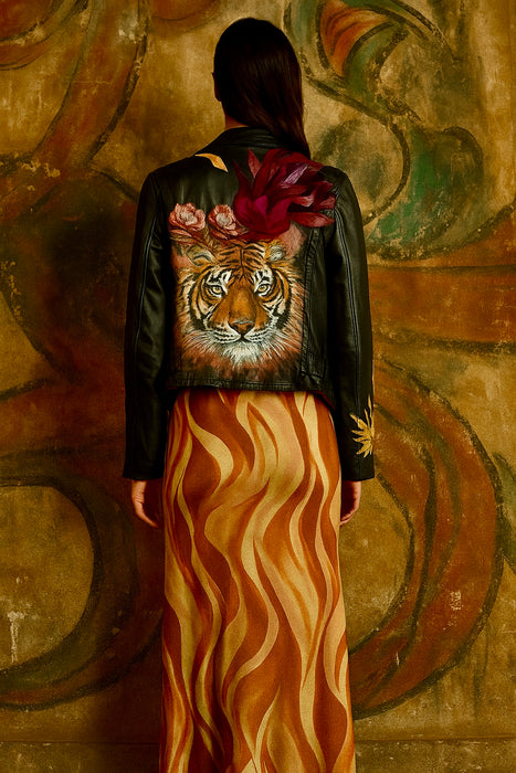 Holi, 70s black leather hand painted jacket with 70s embroideries