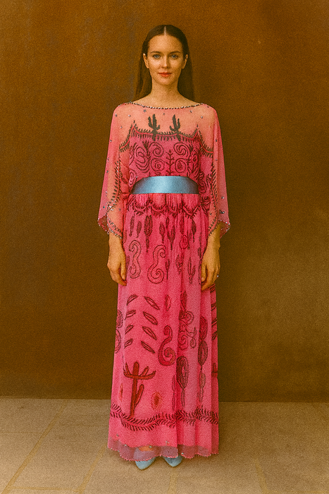 Zandra Rhodes, S/S 1976 Cactus and Cowboy collection chiffon print dress with sash