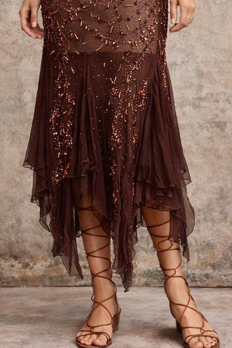 Tory, 90s beaded brown bias cut chiffon handkerchief dress