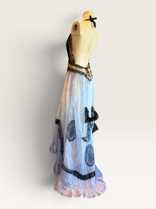 Portia, hand dyed Victorian pale blue cotton and black Chantilly lace dress