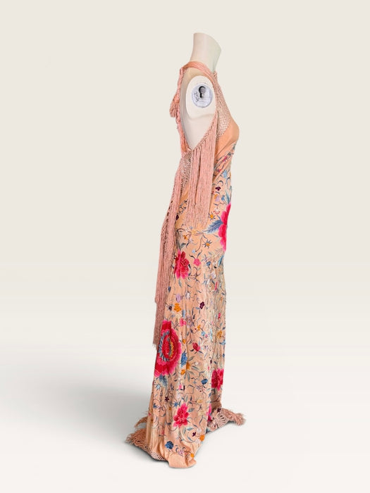 Mina, reworked 1940s silk embroidered fringed piano shawl dress