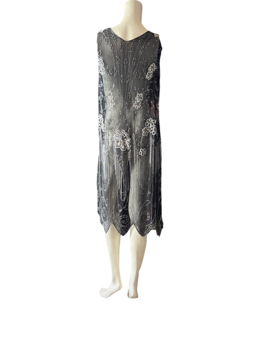 Tory, 20s black silk beaded fringed flapper dress