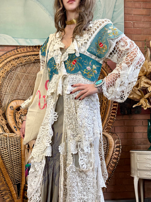 Joyce, reworked antique lace and needlepoint coat
