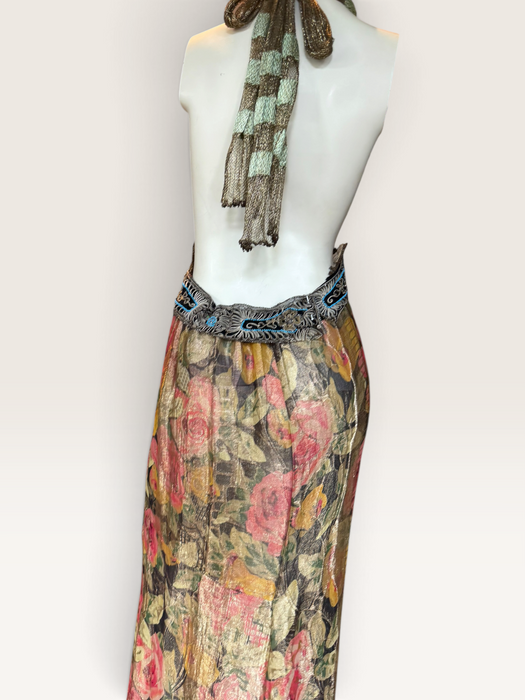 Dray, reworked 1920s floral lamé and metallic dress with glass black jet beaded fringed waistband