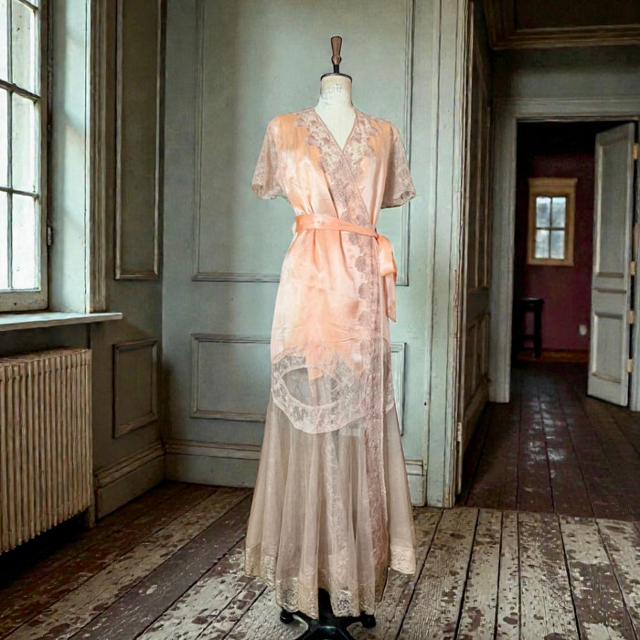 Patina, 30s peach silk and lace tulle belted wrap over dress/robe