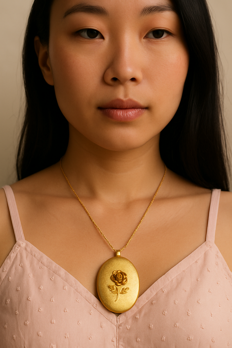 Flora, 40s gold brushed large locket pendant with 14 carat gold chain