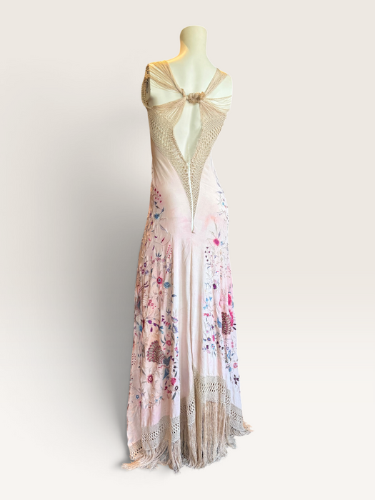 Daria, reworked bias cut cream piano shawl embroidered fringed dress