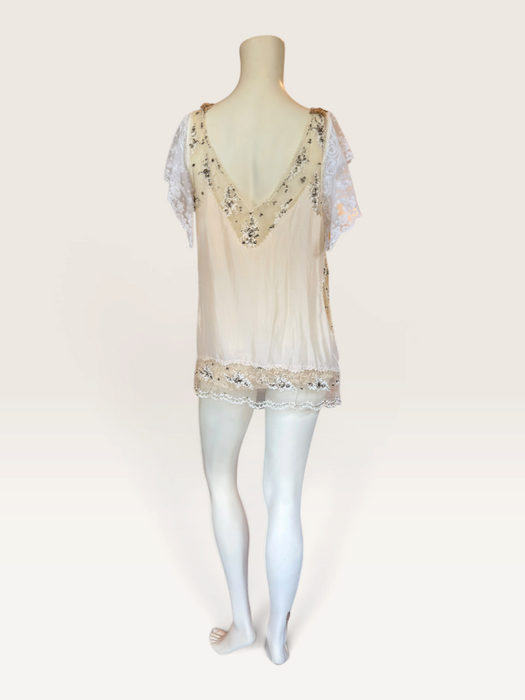 Ally, reworked 1920s silk and lace tunic with rhinestone detailing