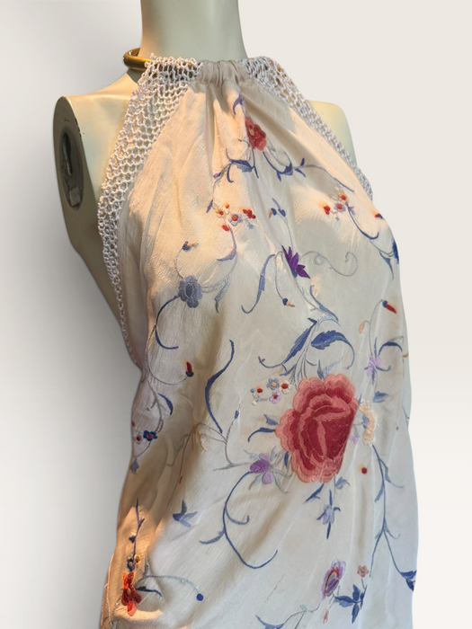 Plato, reworked short piano shawl embroidered dress with brass chocker