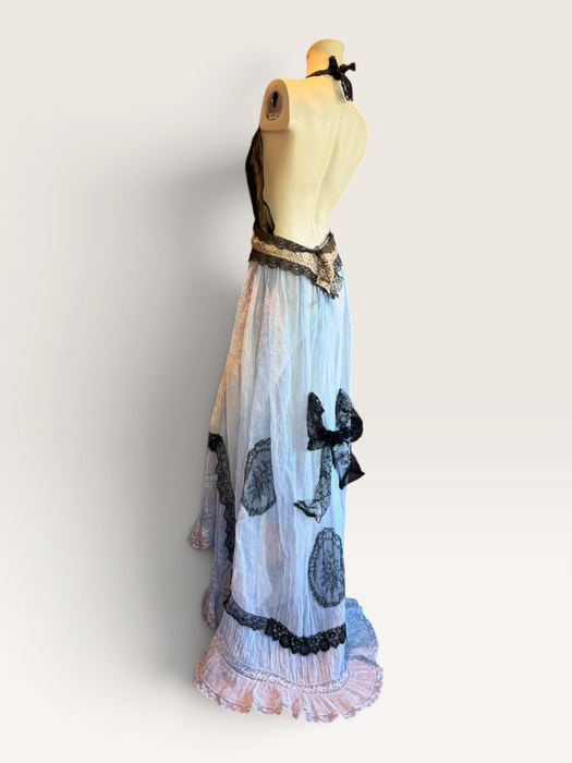 Portia, hand dyed Victorian pale blue cotton and black Chantilly lace dress