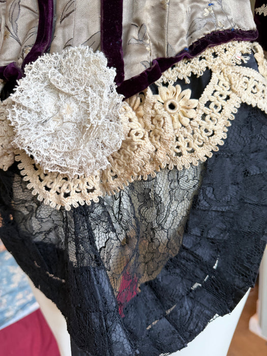 Carlotta, reworked Victorian silk damask and lace boned beaded jacket