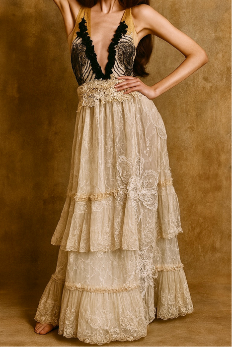 Saturne, reworked Victorian and 1920s organza ruffle halterneck dress