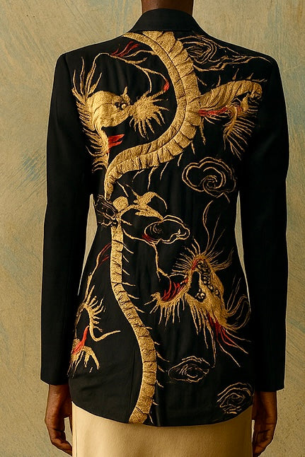 Jen, reworked 40s wool tail coat with Antique gold dragon embroidered design