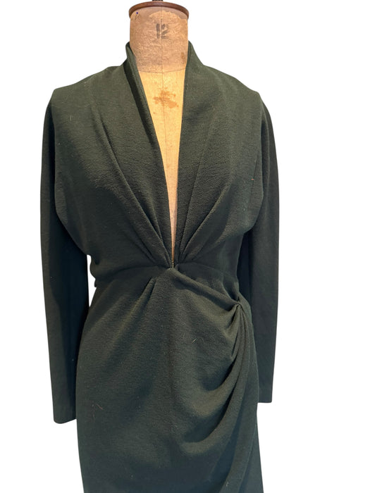 Donna Karen, Y2K bottle green wool draped wrap over dress