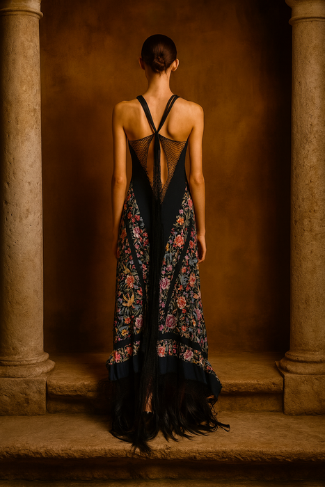 Avens, 40s reworked floral embroidered fringed scarf dress