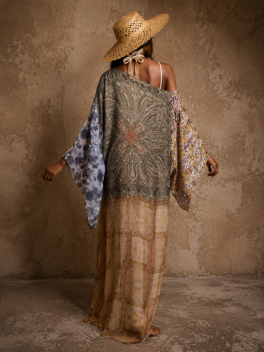 Mona, reworked reversible silk patchwork kaftan