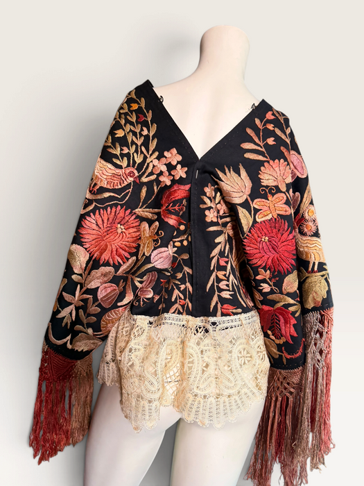 Jenx, reworked Hungarian 1930s fringed embroidered jacket