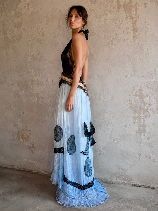 Portia, hand dyed Victorian pale blue cotton and black Chantilly lace dress