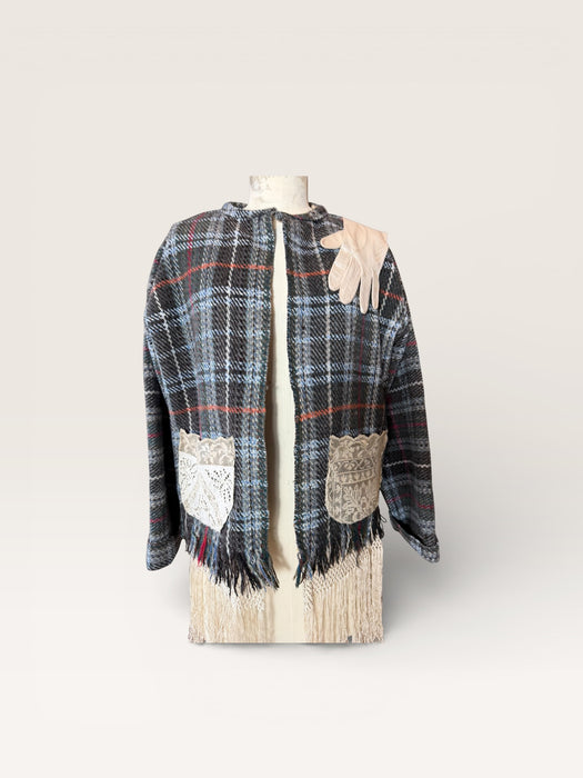 Tais, reworked 70s checked blanket with lace pockets and 20s glove