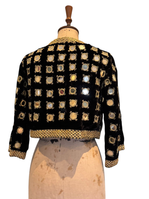 Lola, 70s bohemian black velvet mirrored jacket with gold thread