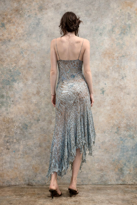 Nila, vintage blue chiffon bias but animal print asymmetric beaded dress