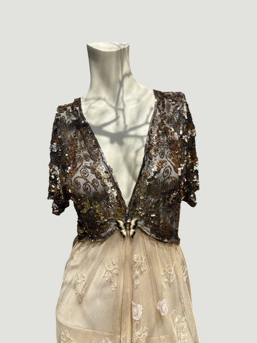 Daisy, 20s black and gold floral sequins and Victorian ecru lace dress