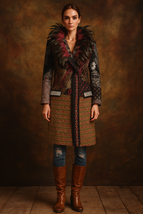 Hattie, reworked 80s patchworked double breasted feather coat