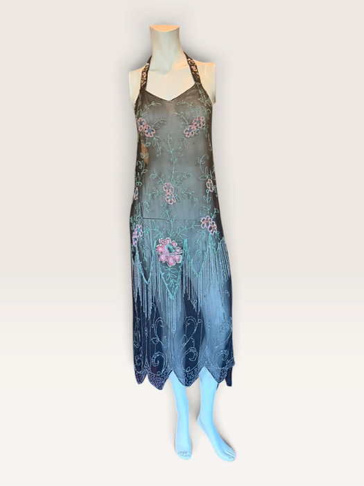 Dana, reworked 1920s black beaded floral fringed silk chiffon scalloped dress
