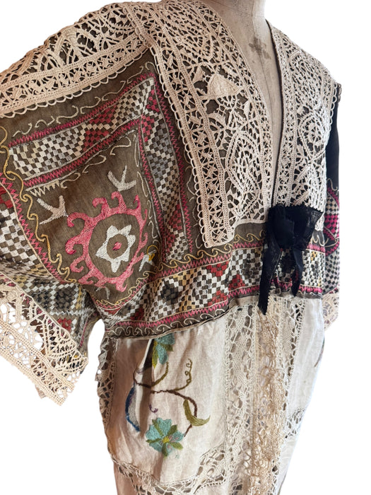 Hermione, reworked antique Rhajastani embroidered top and Victorian embroidered lace coat