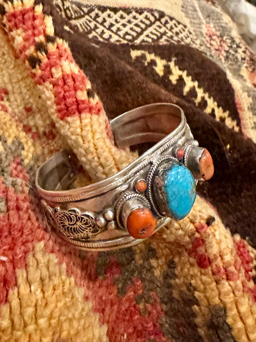 Layla, antique silver Native American turquoise and coral cuff