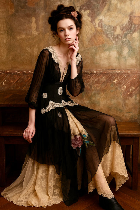 Lora, reworked 20s black silk tulle, lace and garter dress