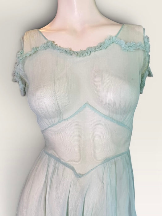 Ettore, original 30s pale blue silk chiffon dress with waist tie and frill shoulders