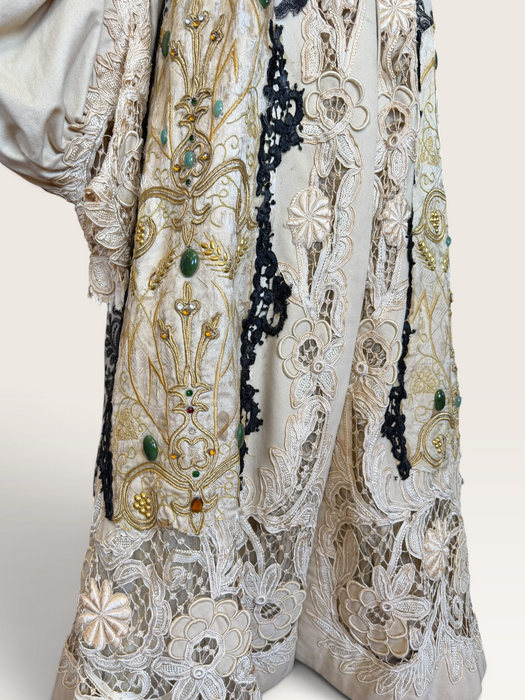 Veronica, reworked Edwardian cream and lace wool coat with gold thread beading