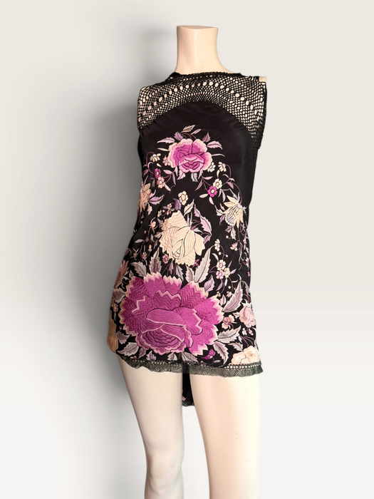 Cody, reworked 1940s black silk embroidered piano shall mini dress