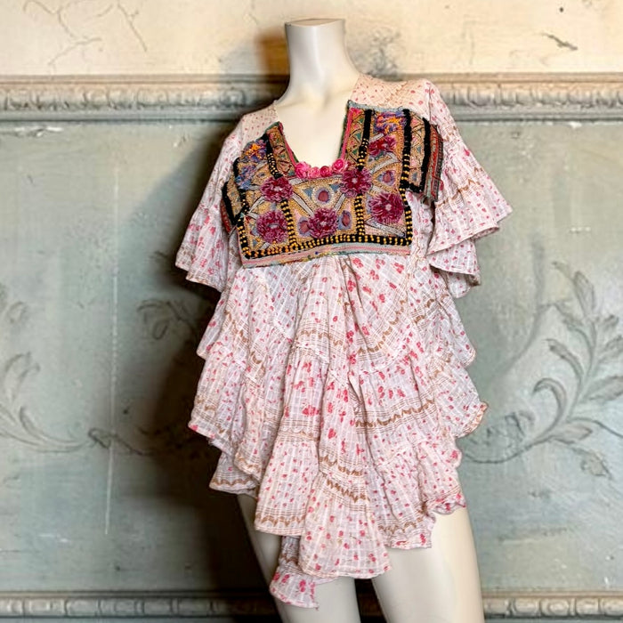 Blaze, 1940s floral cotton tunic with antique Indian embroidery