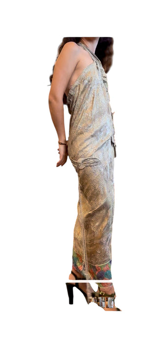 Rebecca, reworked 20s silver beaded lamé halter dress with floral motifs