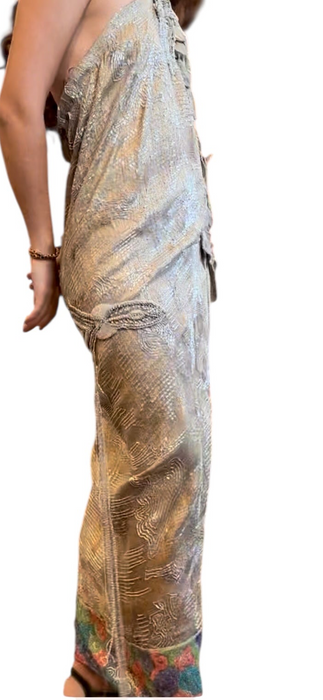 Rebecca, reworked 20s silver beaded lamé halter dress with floral motifs